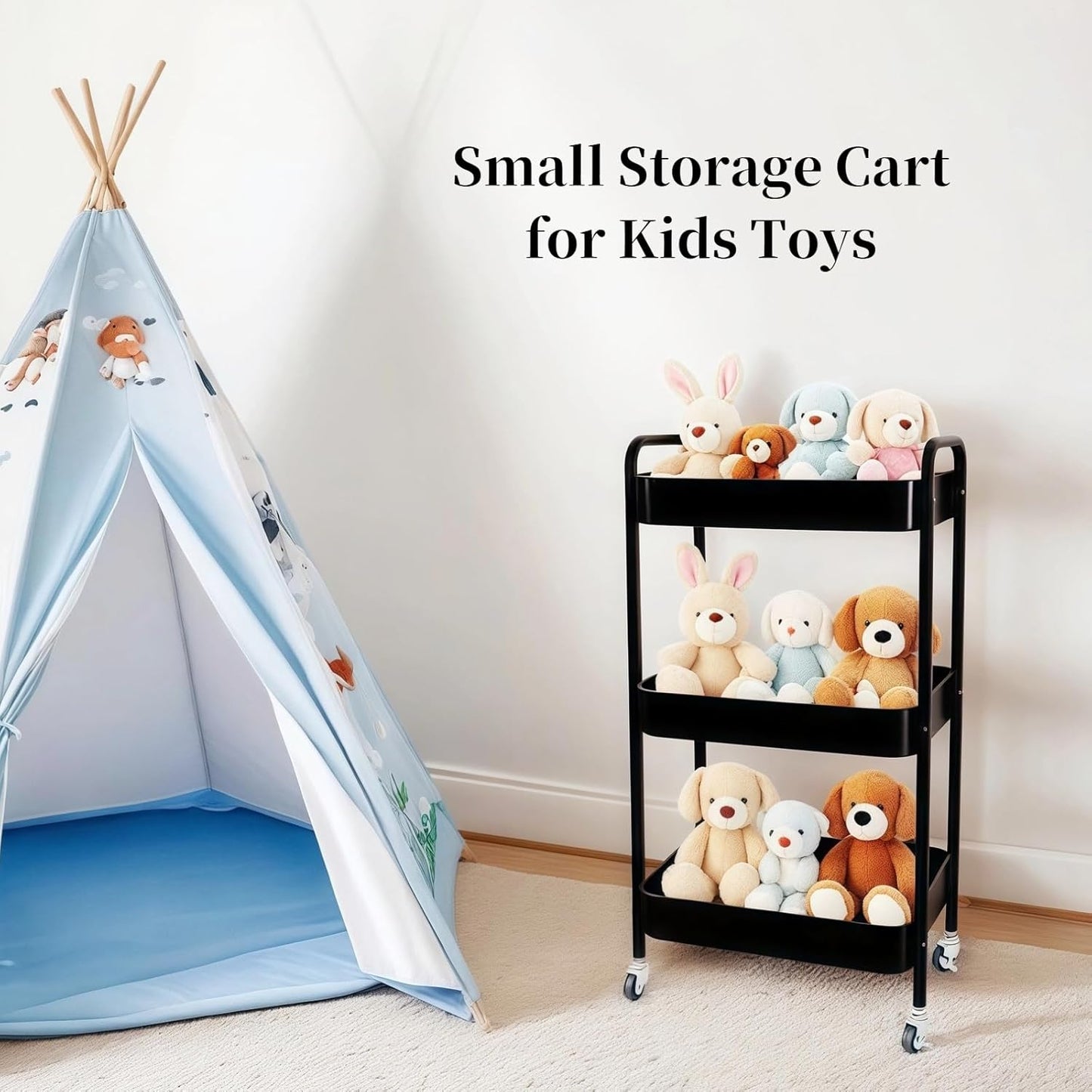 3 Tier Rolling Storage Cart for Kitchen Storage & Laundry Room Organization, Large Capacity Metal Utility Cart on Wheels and 4 Hooks for Art Lash Craft Bedside, Sturdy Nursery Organizer, Black