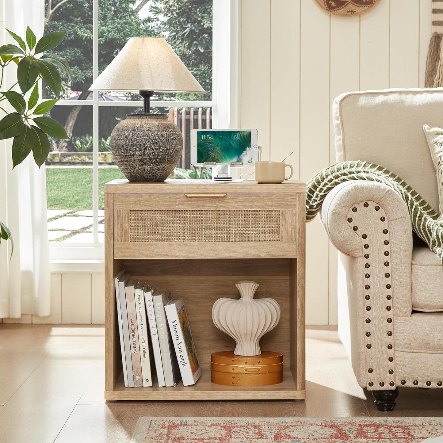 LEYAOYAO Rattan Nightstands Set of 2 with Charging Station, 23" Wide Boho Night Stand with Drawer, Natural Wood Bedside Table Open Cabinet, Bed Side End Table Dresser for Bedroom, Living Room, Hallway