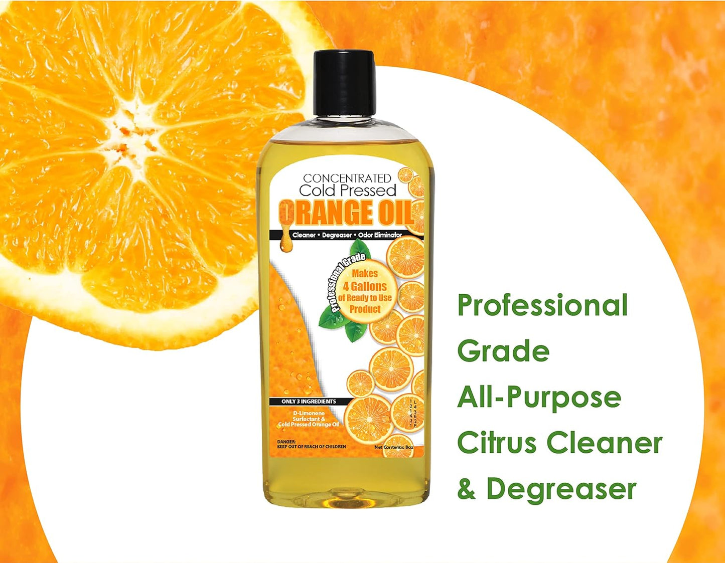Cold Pressed Orange Oil Concentrate | 8-ounce Professional Grade All-Purpose Citrus Cleaner, Degreaser & Pet Odor Eliminator Blend | Dilutes to 4 Gallons of Finished Product | Home and Outdoor Use