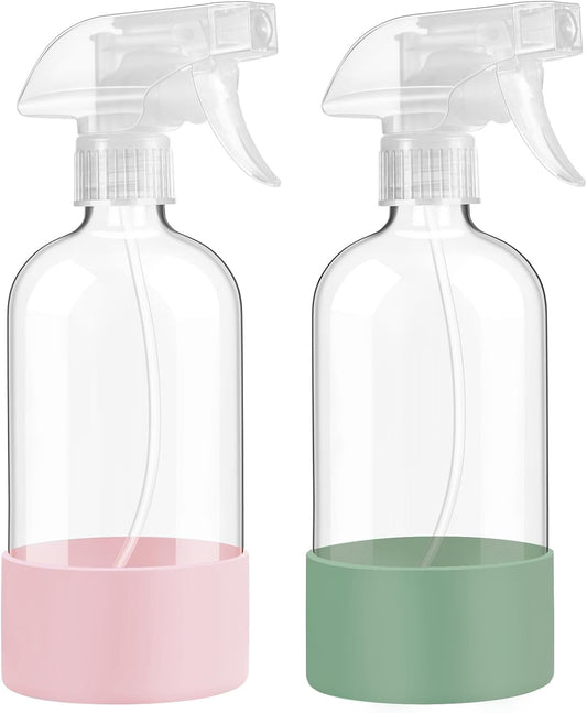 Glass Spray Bottles with Silicone Sleeve Protection, 16 oz Empty Refillable Containers, Reusable Spray Bottles with Adjustable Nozzle for Hair, Cleaning Solutions,Plants , 2 Pack Olive Green&Pink