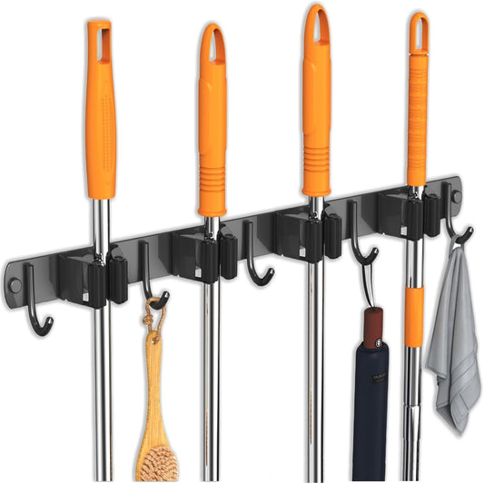 Mop and Broom Holder Wall Mount, Upgraded Broom Organizer Wall Mount, Stainless Steel Broom Hanger Wall Mount for Kitchen Garden Laundry Room Decor(4 Racks with 5 Hooks Black)