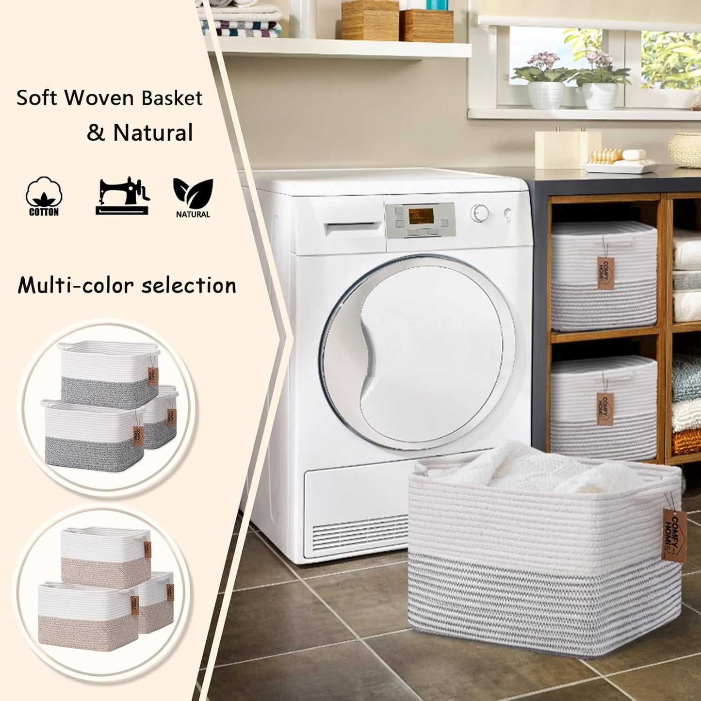 COMFY-HOMI 3 Pack Cotton Rope Square Basket with Handles - Storage & Organizer (White/Black Line, 13.5" x 11" x 9.5")