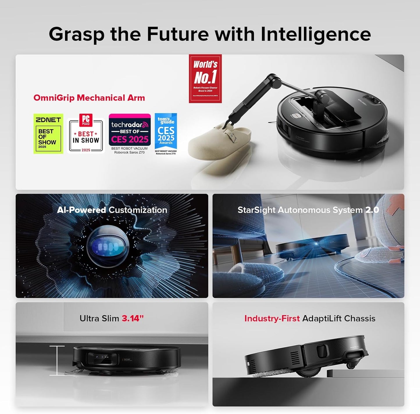 roborock Saros Z70 Robot Vacuum and Mop, OmniGrip Arm, AI-Powered, 22,000Pa Suction, 3.14’’ Ultra Slim, FlexiArm Riser Technology, AdaptiLift Chassis, Obstacle Avoidance, Auto Mop Washing & Drying