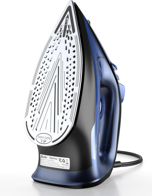 Sundu Steam Iron for Clothes with Rapid Heating Ceramic Coated Soleplate, 1500W with Precise Thermostat Dial, Self-Cleaning, Auto-Off, 15.21oz Water Tank for Home Clothes Ironing Use, Blue