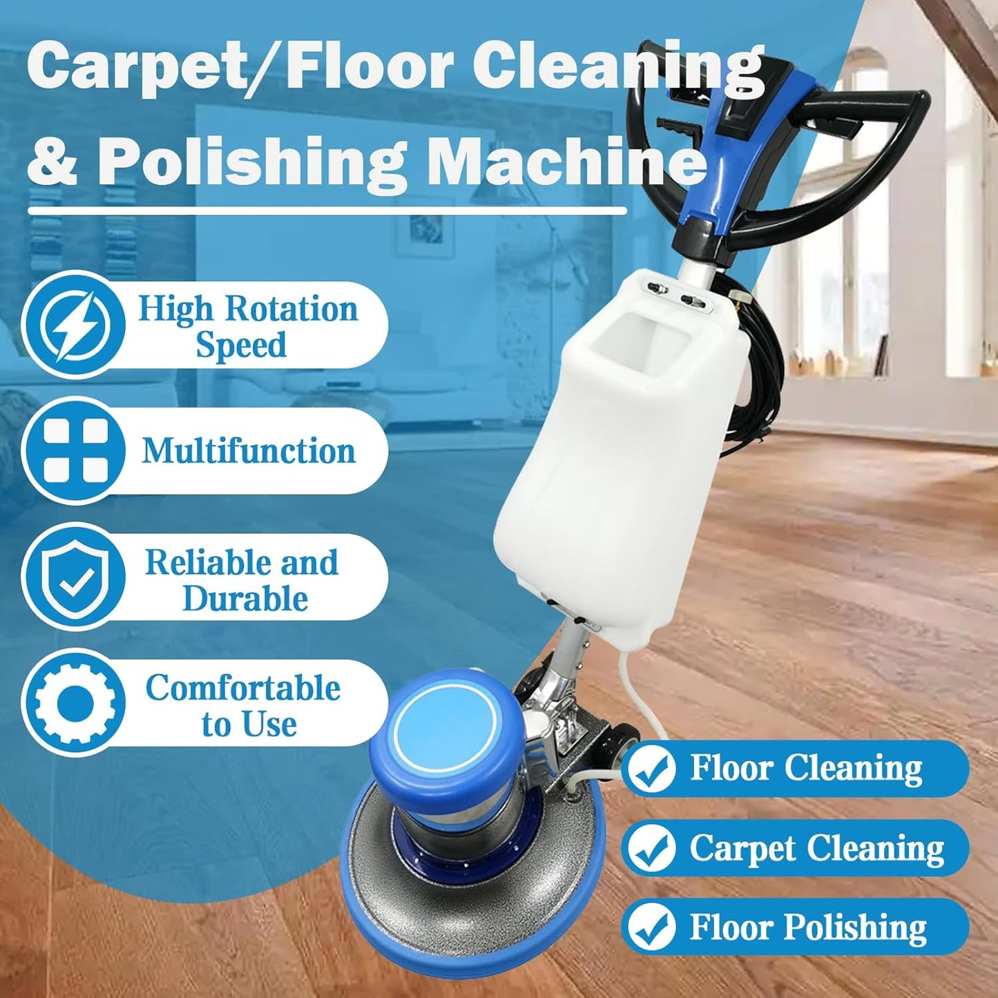 TECHTONGDA Floor Polisher Commercial Floor Buffer Scrubber Buffer Polisher Machine 17" Carpet Cleaning Machine Industrial Orbiter Floor Cleaning 175RPM with 3gal Tank and 3 Brush heads