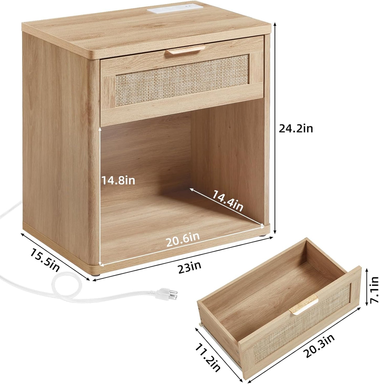LEYAOYAO Rattan Nightstand with Charging Station, 23" Wide Boho Night Stand with Drawer, Natural Wood Bedside Table Open Storage Cabinet, Bed Side End Tables Dresser for Bedroom, Living Room, Hallway