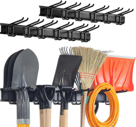 Wall Mount Tool Storage Rack, Garage Organization, Heavy Duty Garage Storage Tool Organizer, Garden Tool Wall Hooks and Hangers, Hold Up to 350lbs Black 2Pack