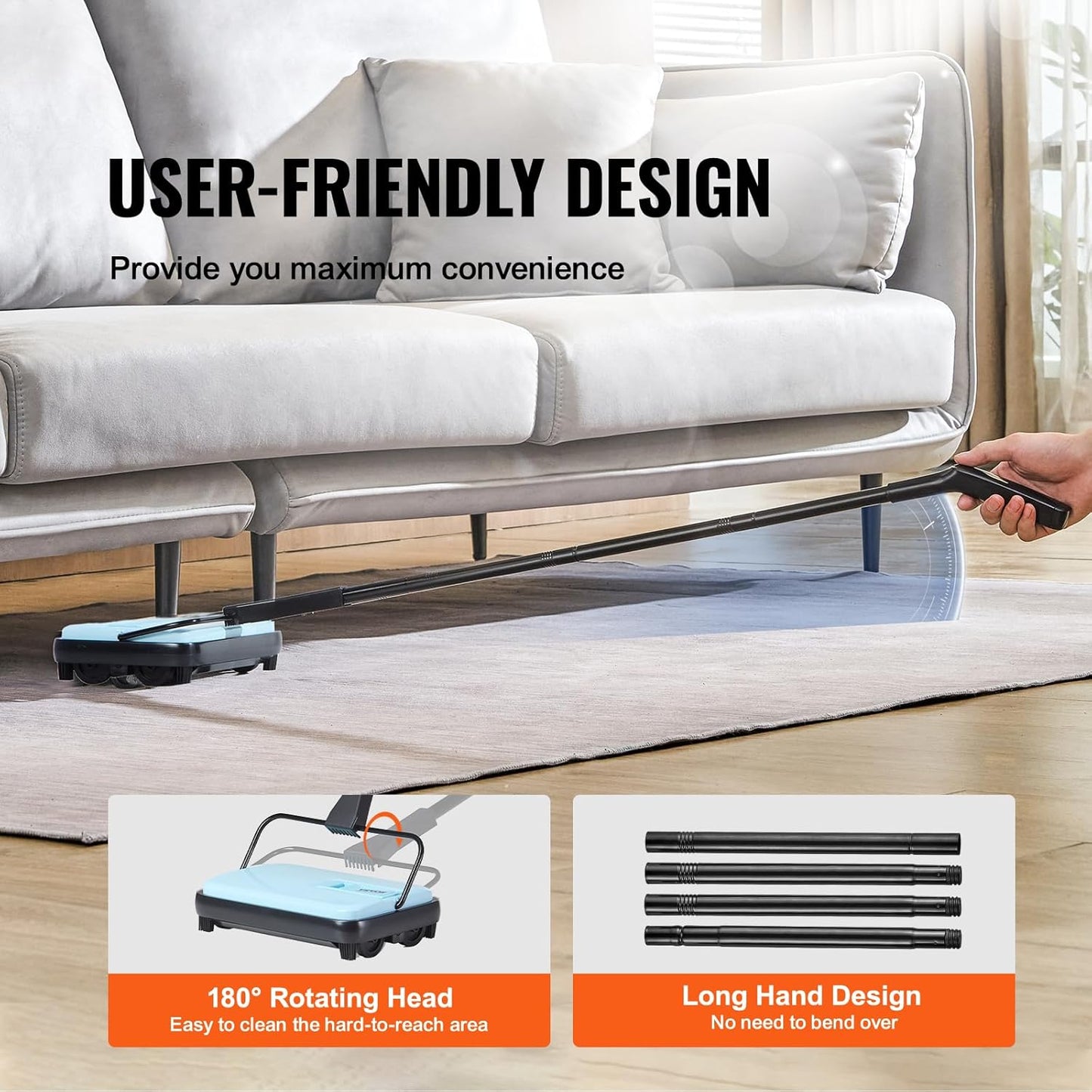 VEVOR Carpet Sweeper Manual, Floor Sweeper with 300 ml Dustbin Capacity Easy to Empty, 6.7 inch Cleaning Width for Home Office Carpets Pet Hair Dust, Blue