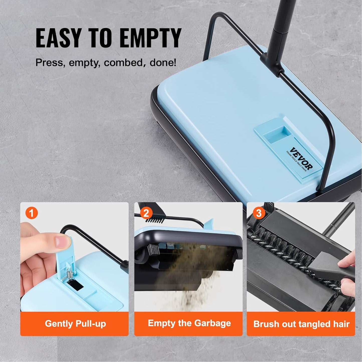 VEVOR Carpet Sweeper Manual, Floor Sweeper with 300 ml Dustbin Capacity Easy to Empty, 6.7 inch Cleaning Width for Home Office Carpets Pet Hair Dust, Blue