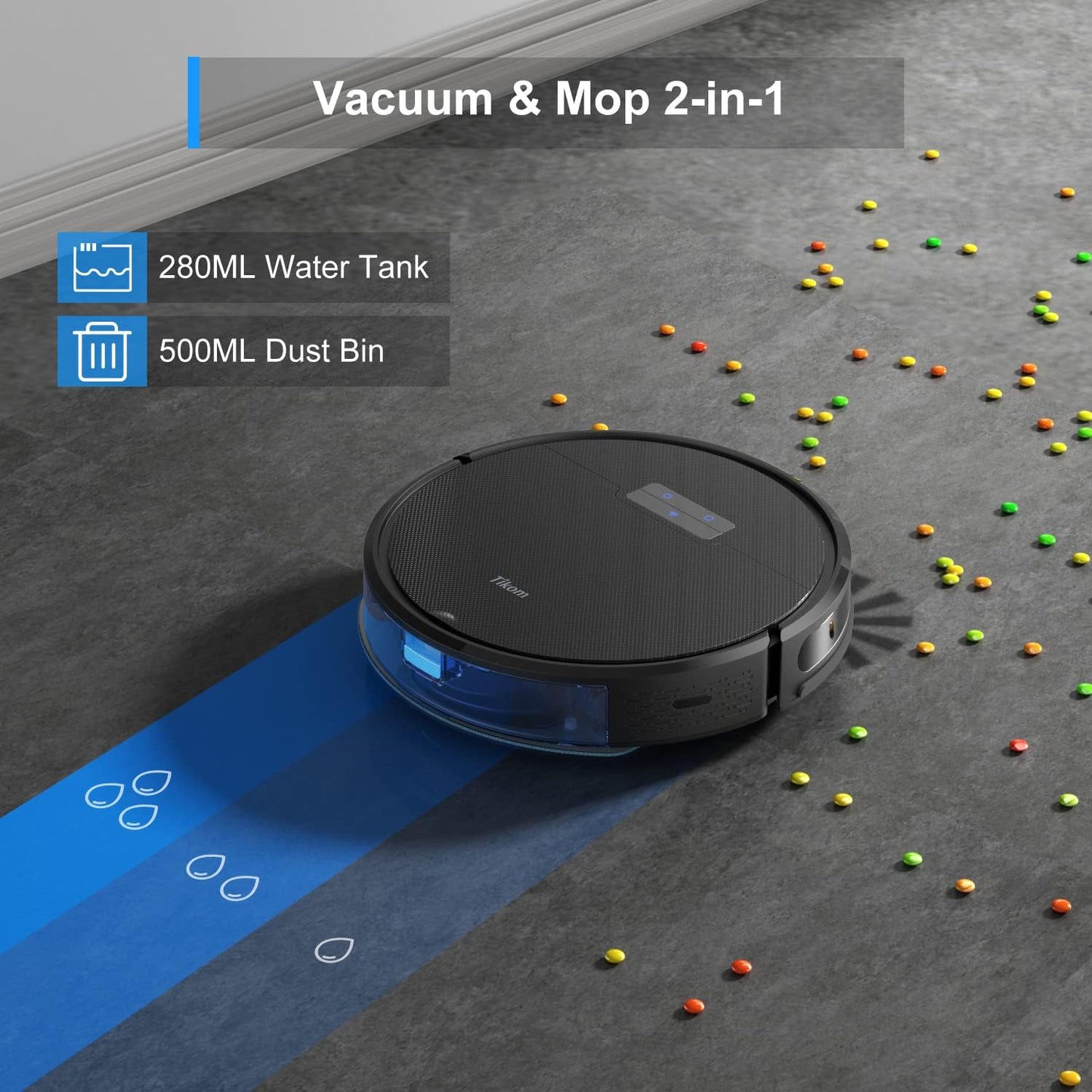 Tikom G8000 Pro Robot Vacuum and Mop Combo, 4500Pa Suction, 150Mins Max, Robotic Vacuum Cleaner with Self-Charging, Quiet, APP&Voice Control, Good for Carpet, Hard Floor, Black