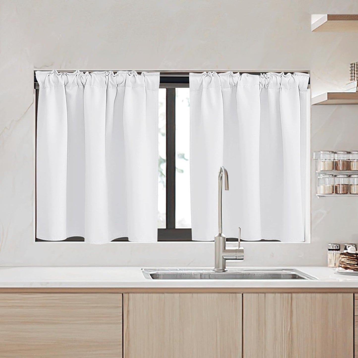 RYB HOME Small Window Curtains - Blackout Insualting Privacy Curtains for Kids Bedroom Kitchen Bathroom Basement Cafe Cabinet Tiers Drapes, 34 Width x 30 Length, 2 Panels, Pure White