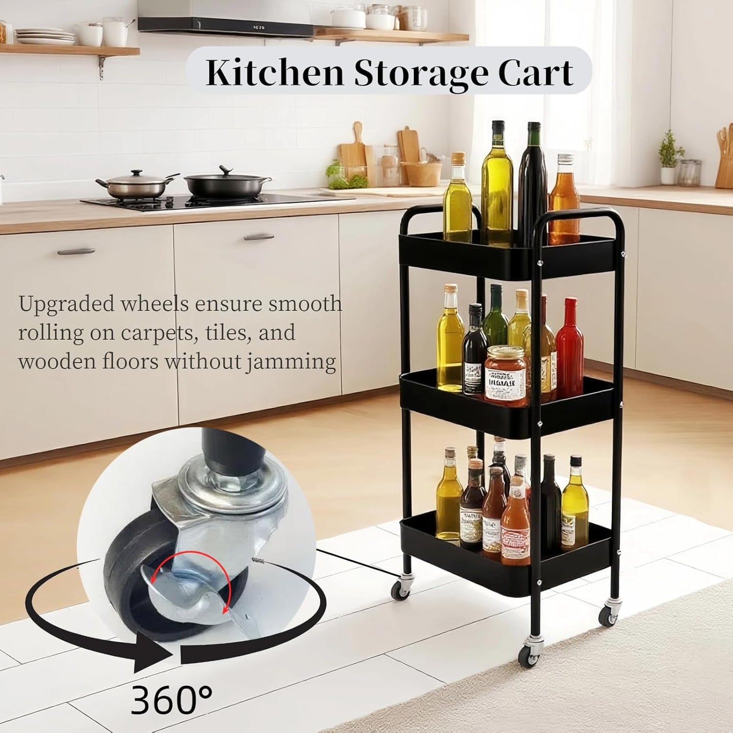 3 Tier Rolling Storage Cart for Kitchen Storage & Laundry Room Organization, Large Capacity Metal Utility Cart on Wheels and 4 Hooks for Art Lash Craft Bedside, Sturdy Nursery Organizer, Black