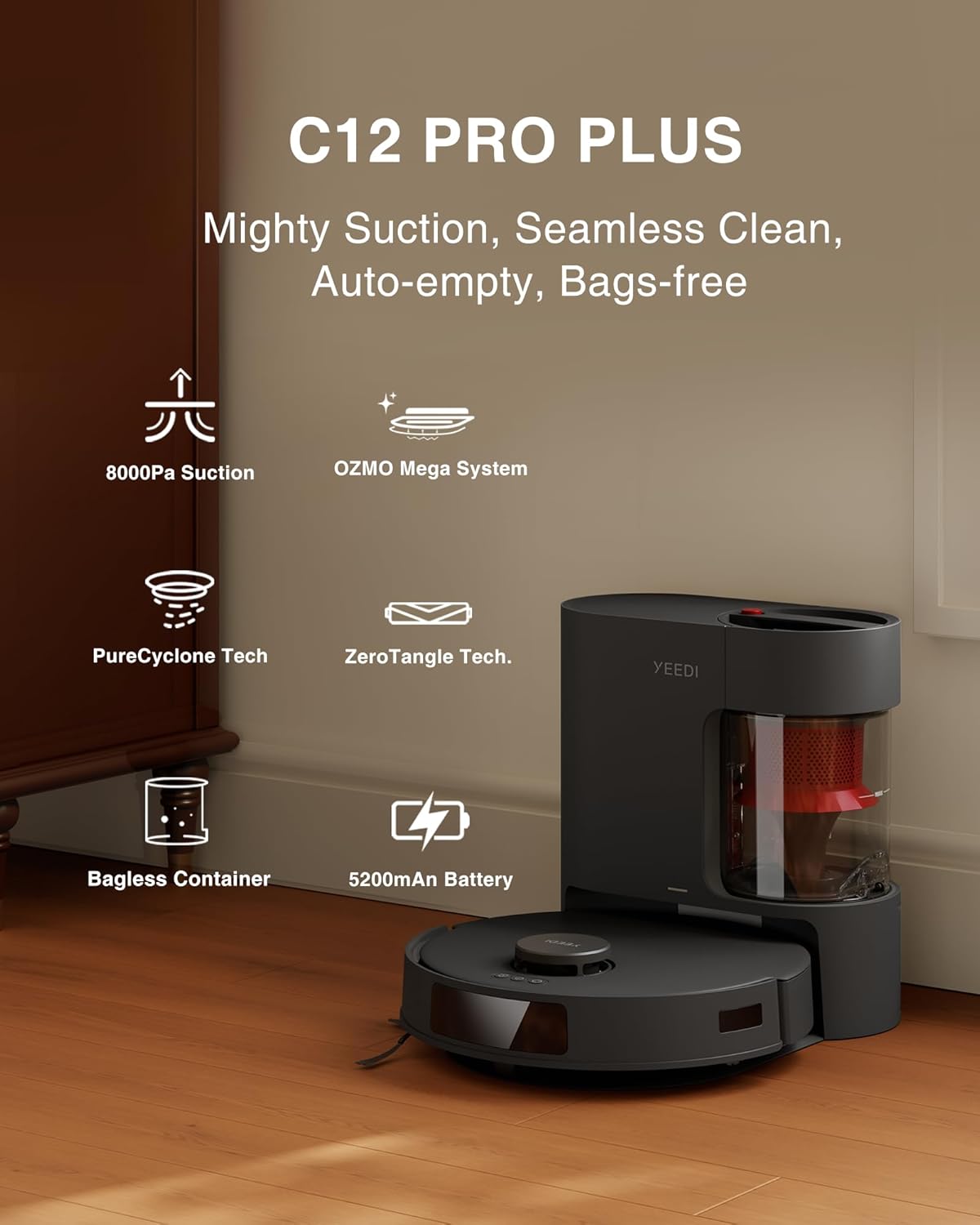 Yeedi C12 PRO Plus Robot Vacuum and Mop, 8000Pa Strong Suction, Vibrating Mopping, 7-Week Dust Storage, Bagless Dust Container, ZeroTangle Brush, Black