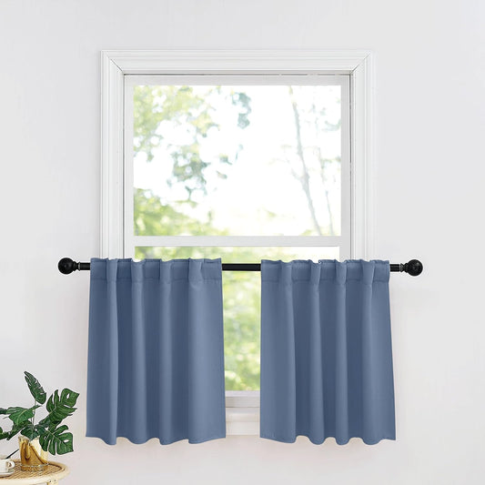 RYB HOME Small Window Curtains - Blackout Insualting Privacy Curtains for Kids Bedroom Kitchen Bathroom Basement Cafe Cabinet Tiers Drapes, 34 Width x 24 Length, 2 Panels, Stone Blue