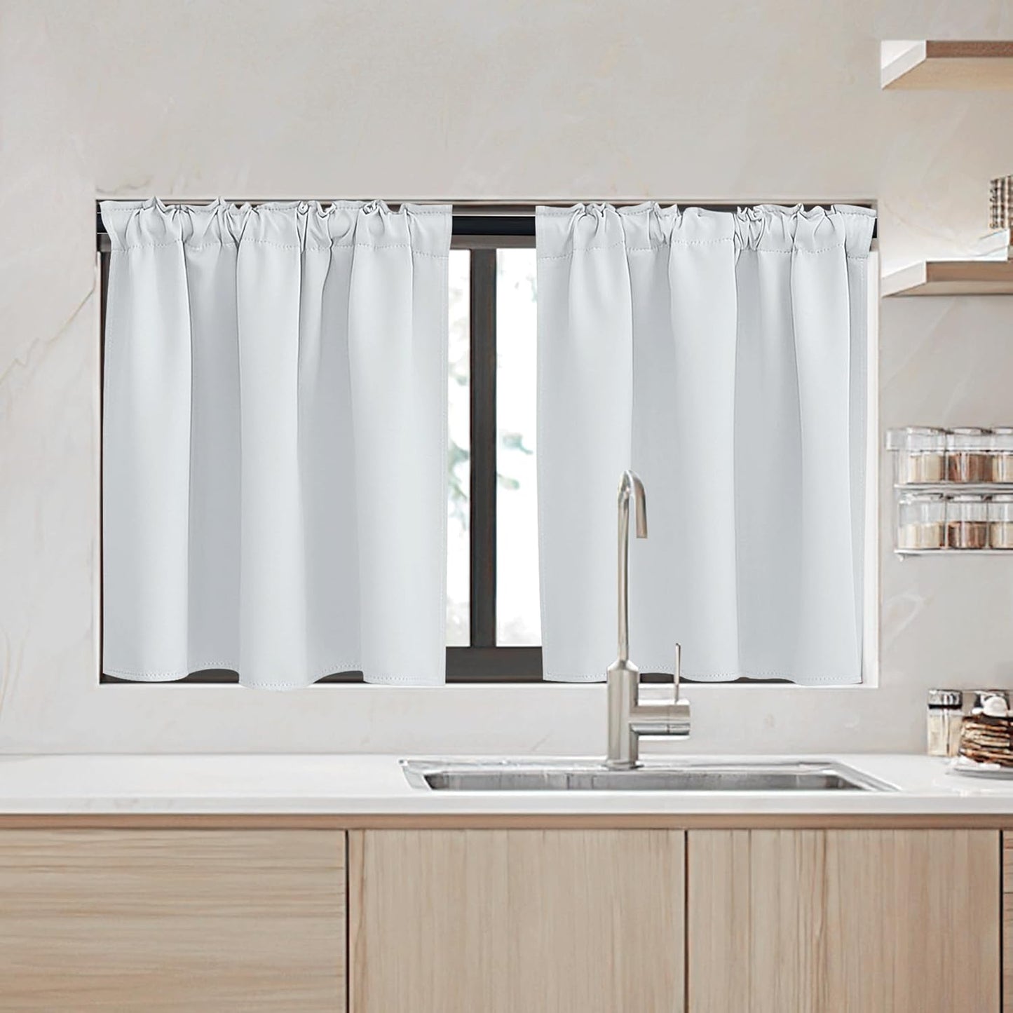 RYB HOME Small Window Curtains - Blackout Insualting Privacy Curtains for Kids Bedroom Kitchen Bathroom Basement Cafe Cabinet Tiers Drapes, 34 Width x 24 Length, 2 Panels, Grayish White