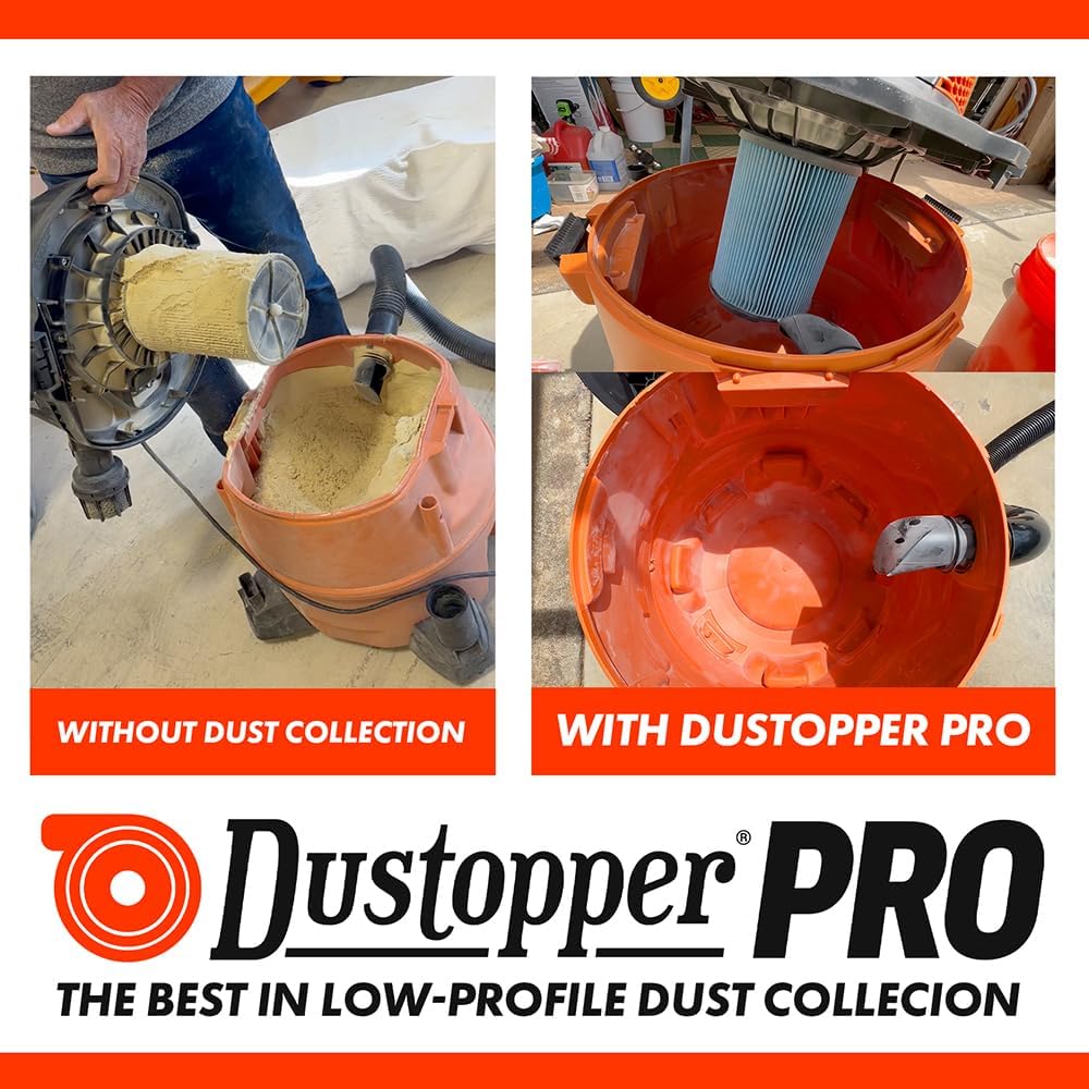The Dustopper PRO, Low-Profile Dust Separator for Shop Wet/Dry Vacuums. Includes High-Flow 90 Degree Sweep Elbows and Connection Hose. Fits Standard 5 Gallon Buckets, Made in USA