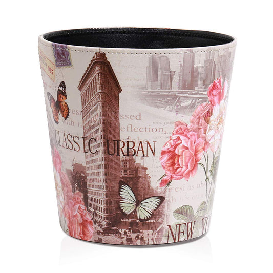 PU Leather Small Trash Can Wastebasket, Round Garbage Container Basket for Bathrooms, Laundry Room, Kitchens, Offices, Kids Rooms, Bedrooms,Dorms,Home Decorative Art Bin, 2.9 Gallon(Classic Urban)