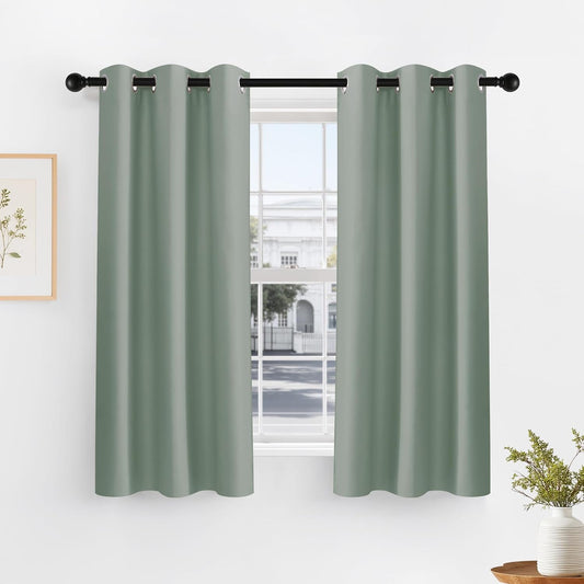 PONY DANCE Sage Green Kitchen Curtains 45 inch Length, Thermal Insulated Tailored Curtains Privacy Drapes for Nursery/Baby Room, Black, 42 x 45 inch, Set of 2