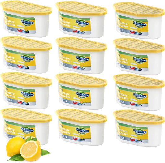 Moisture Absorbers, 12 Pack, Compact Dehumidifier for Closet, Efficient Humidity Absorber Boxes, Moisture Absorber for Closet, Odor Eliminator with Lemon Fragrance, Yellow, 6.4oz, 300ml