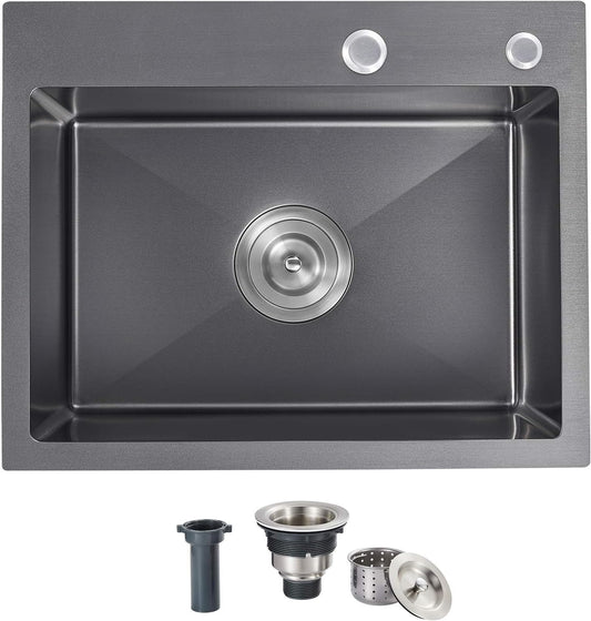 25x18x9 Inch Drop in Kitchen Sink, Handmade 304 Black Stainless Steel Single Bowl, Topmount with 2 Holes, R10 Tight Corner, for Modern Kitchen/RV/Outdoor Sink