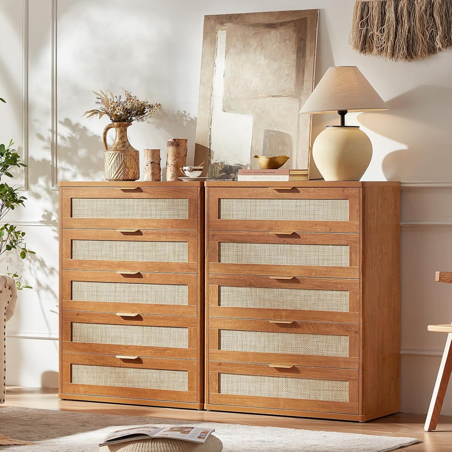 LEYAOYAO Dresser for Bedroom, 41" Tall Chest of Drawers, Modern 5 Drawers Boho Rattan Dressers with Storage, Dresser Wooden Closet Organizer for Living Room, Hallway, Tea Brown