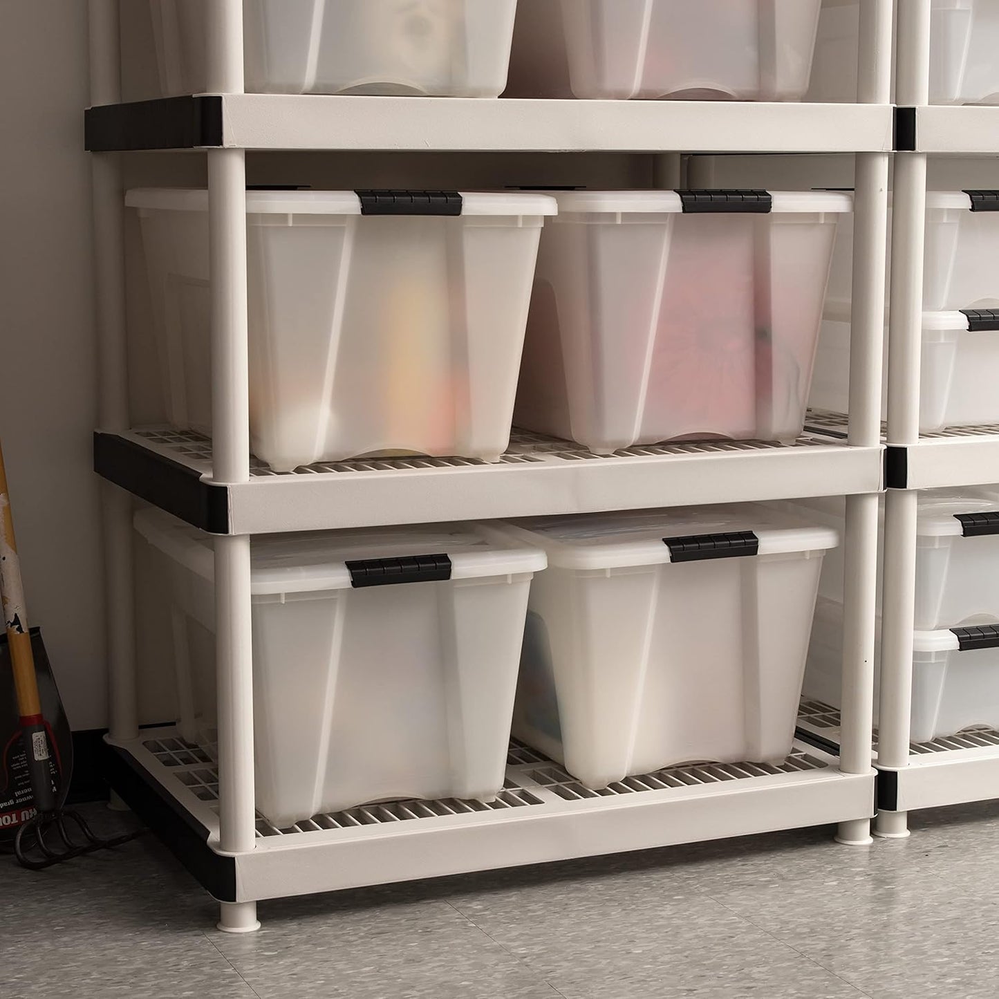 IRIS USA 54 Qt Stackable Plastic Storage Bins with Lids, 4 Pack - BPA-Free, Made in USA - Discreet Organizing Solution, Latches, Durable Nestable Containers, Secure Pull Handle - Pearl