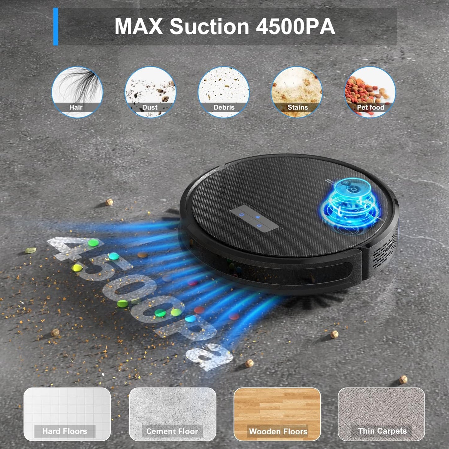Tikom G8000 Pro Robot Vacuum and Mop Combo, 4500Pa Suction, 150Mins Max, Robotic Vacuum Cleaner with Self-Charging, Quiet, APP&Voice Control, Good for Carpet, Hard Floor, Black