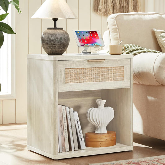LEYAOYAO Rattan Nightstand with Charging Station, 23" Wide Boho Night Stand with Drawer, Grey White Bedside Table Open Storage Cabinet, Bed Side End Tables Dresser for Bedroom, Living Room, Hallway