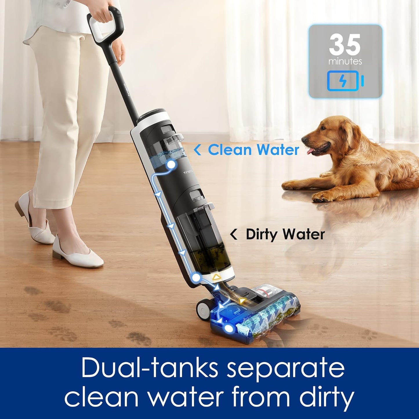 Tineco Floor ONE S3 Cordless Hardwood Floors Cleaner, Lightweight Wet Dry Vacuum Cleaners for Multi-Surface Cleaning with Smart Control System