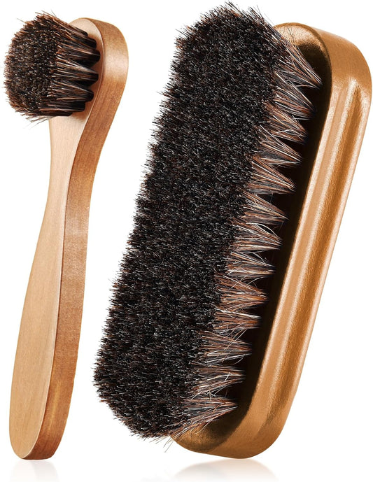 2 Pcs Horsehair Shine Shoes Brush Kit Polish Dauber Applicators Cleaning Leather Shoes Boots Care Brushes Suede Cleaner Brush(Wooden Style F)