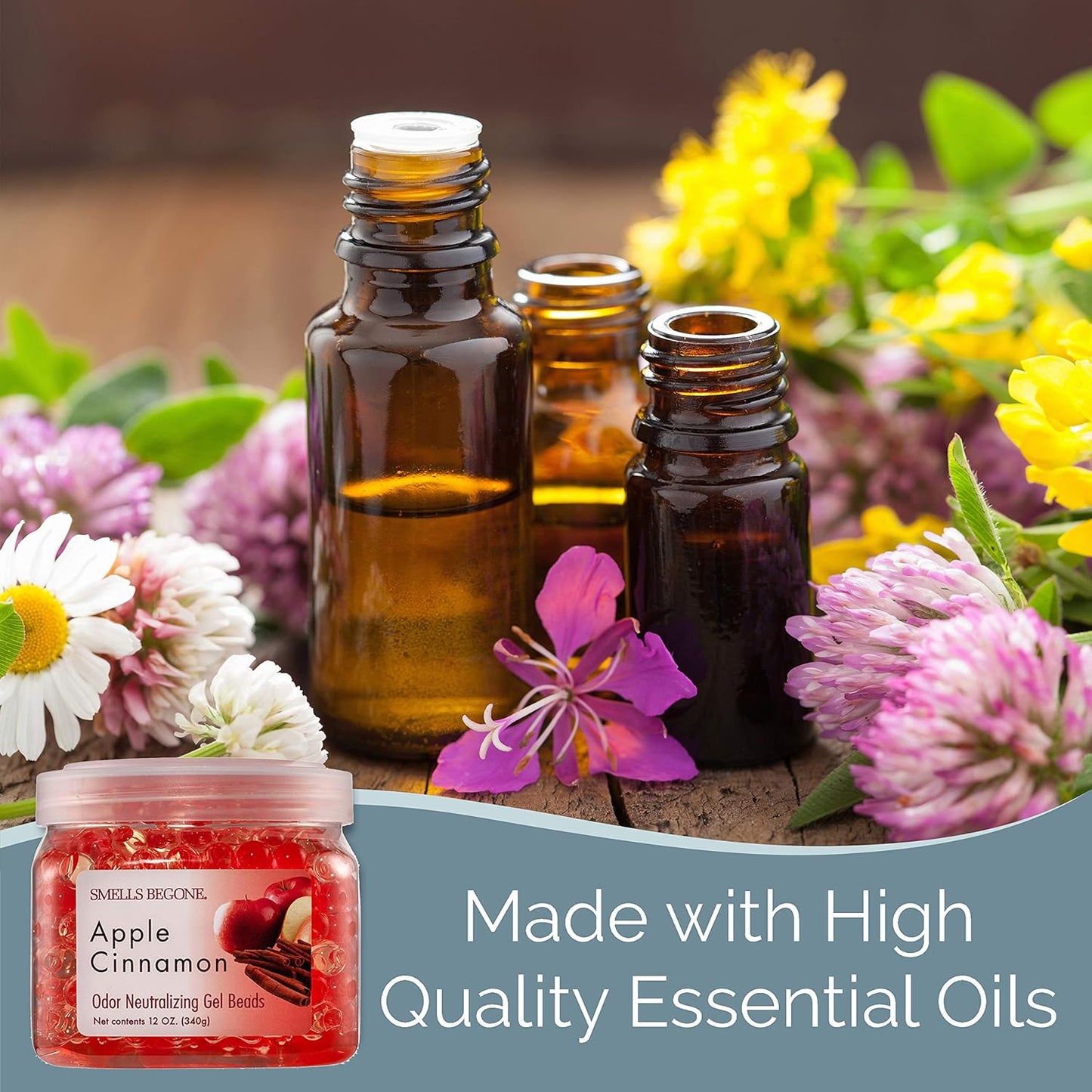 SMELLS BEGONE Odor Eliminator Gel Beads - Air Freshener - Eliminates Odor in Bathrooms, Cars, Boats, RVs and Pet Areas - Made with Essential Oils - Apple Cinnamon Scent - 12 Ounce